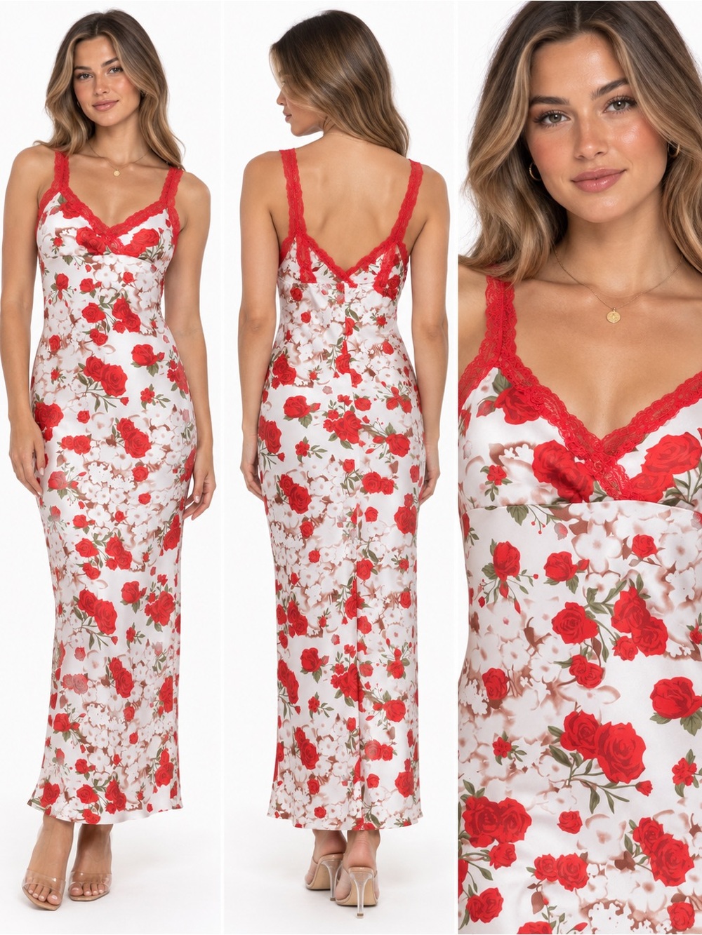 NWOT Romantic White & Red Rose Floral Lace Trim Satin Look Slip Maxi Dress S